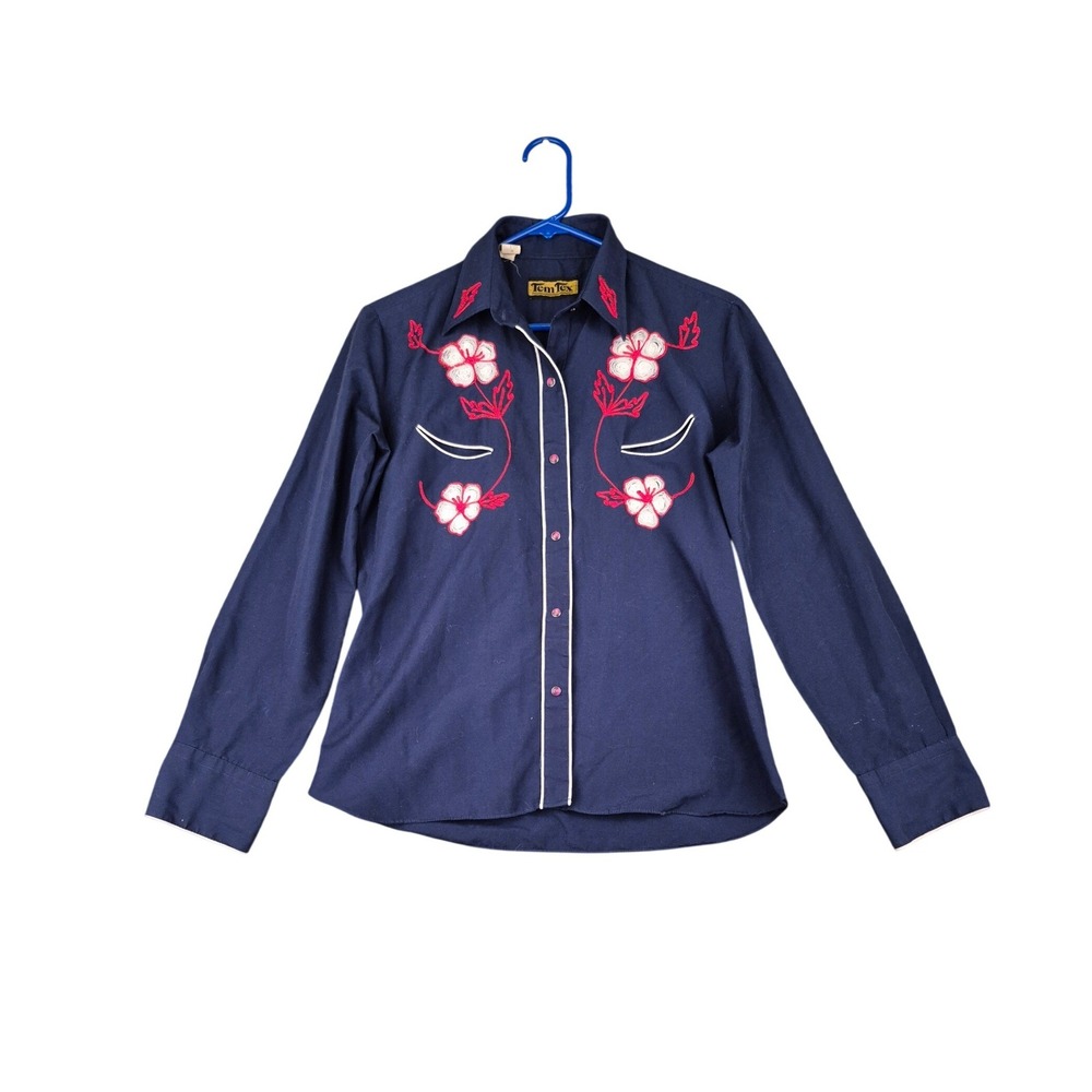 Vintage Tem Tex Navy Blue Floral Embroidered Western Snap Shirt Womens Small 36